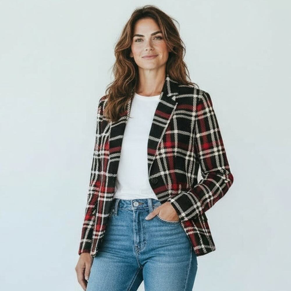 Talbots Plaid Wool Blend Blazer Womens 12 Preppy Business Jacket Lined